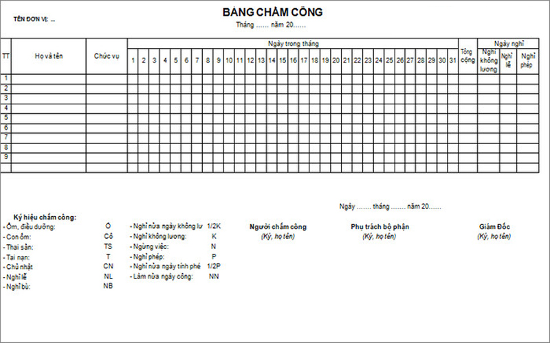 Bảng chấm công cho nhân viên